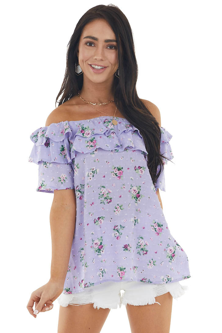 Iris Floral Print Off the Shoulder Swiss Dot Woven Top
