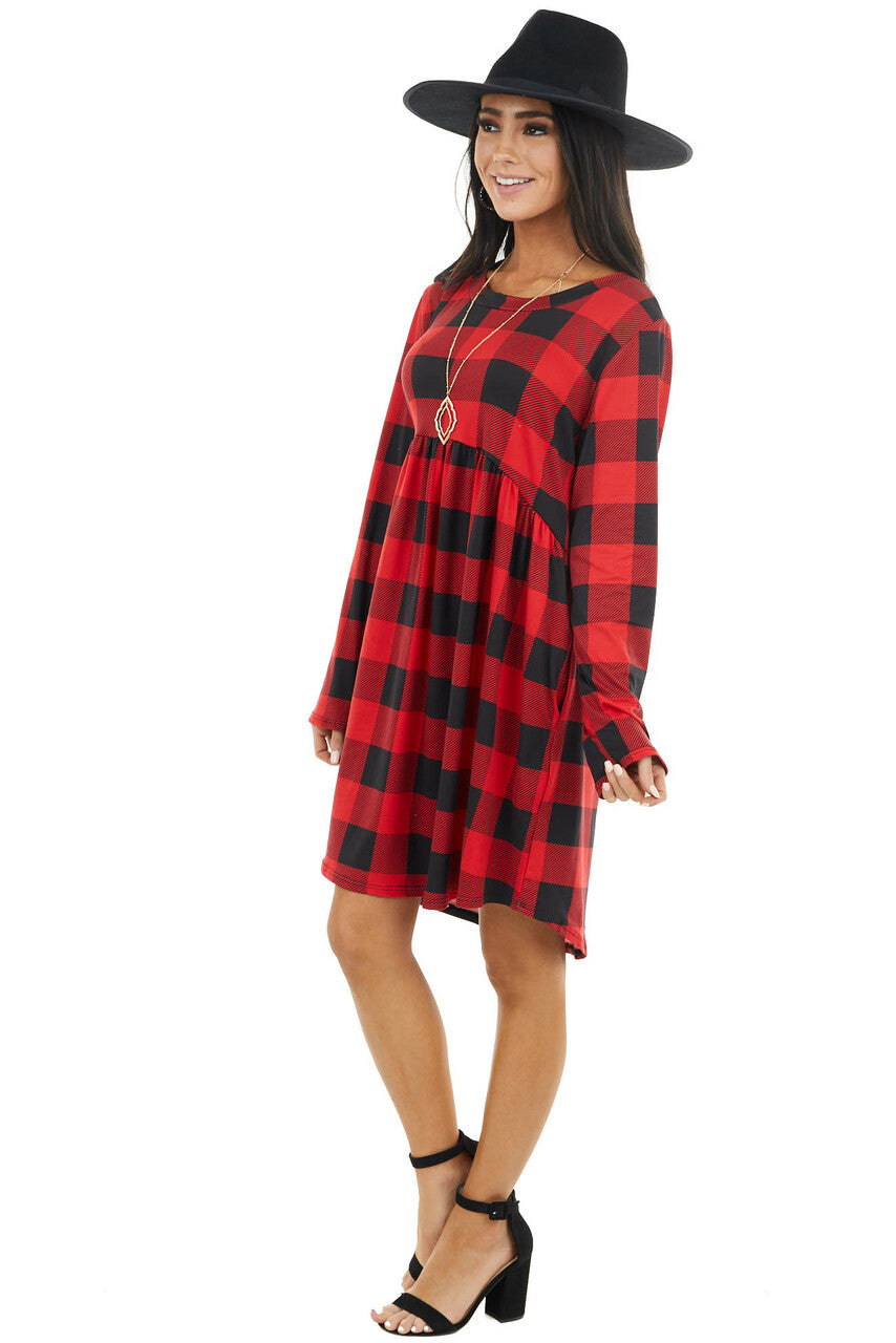 Ruby Red Buffalo Plaid Print Knit Long Sleeve Babydoll Dress