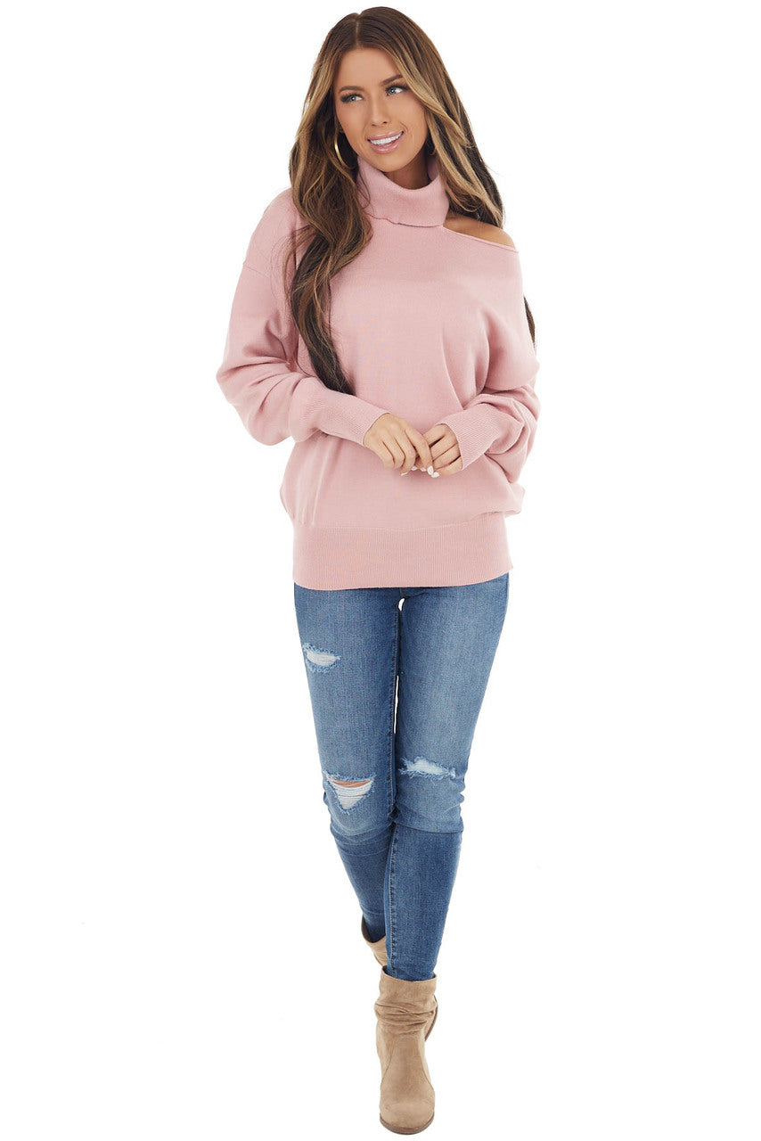 Baby Pink Turtleneck Knit Top with Single Shoulder Cutout