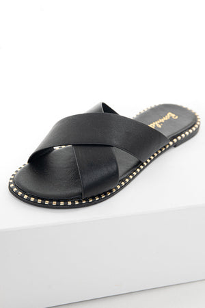 Black Criss Cross Slip On Sandals with Metallic Details 