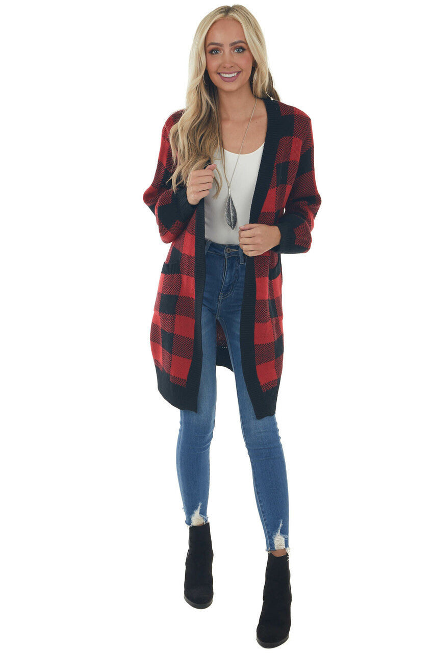 Pomegranate Buffalo Plaid Puff Sleeve Cardigan