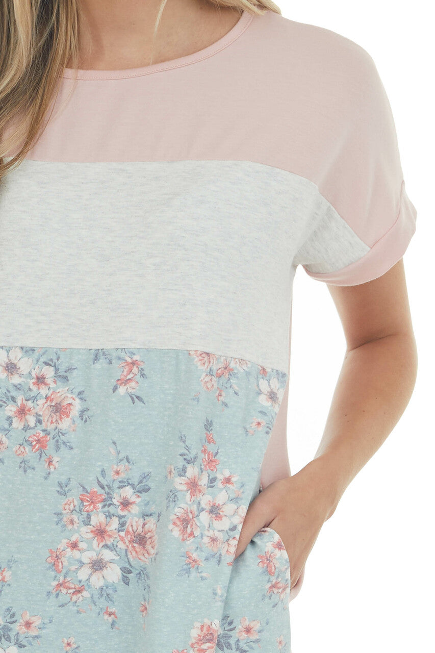 Tea Rose Floral Colorblock Dress with Pockets 