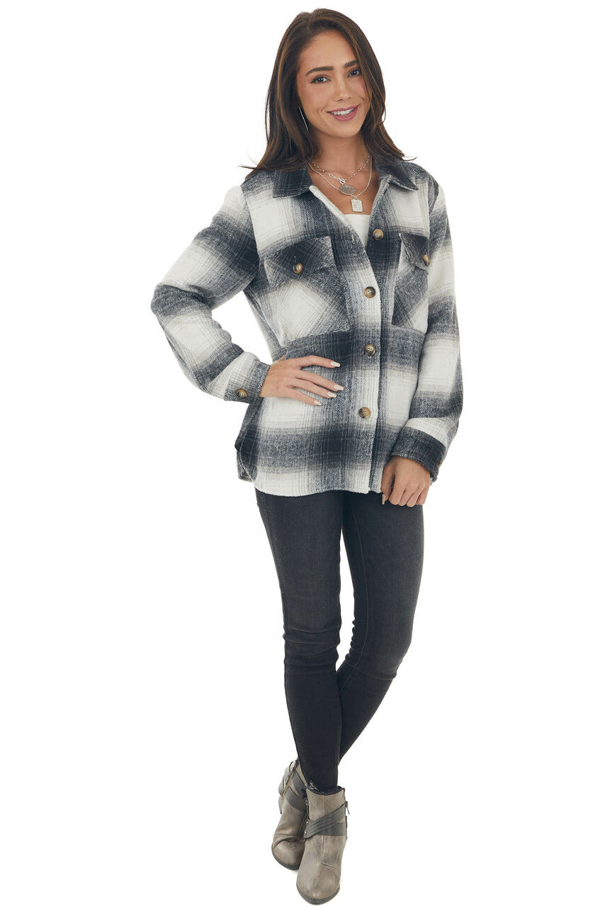 Black Plaid Button Down Brushed Shirt Jacket 