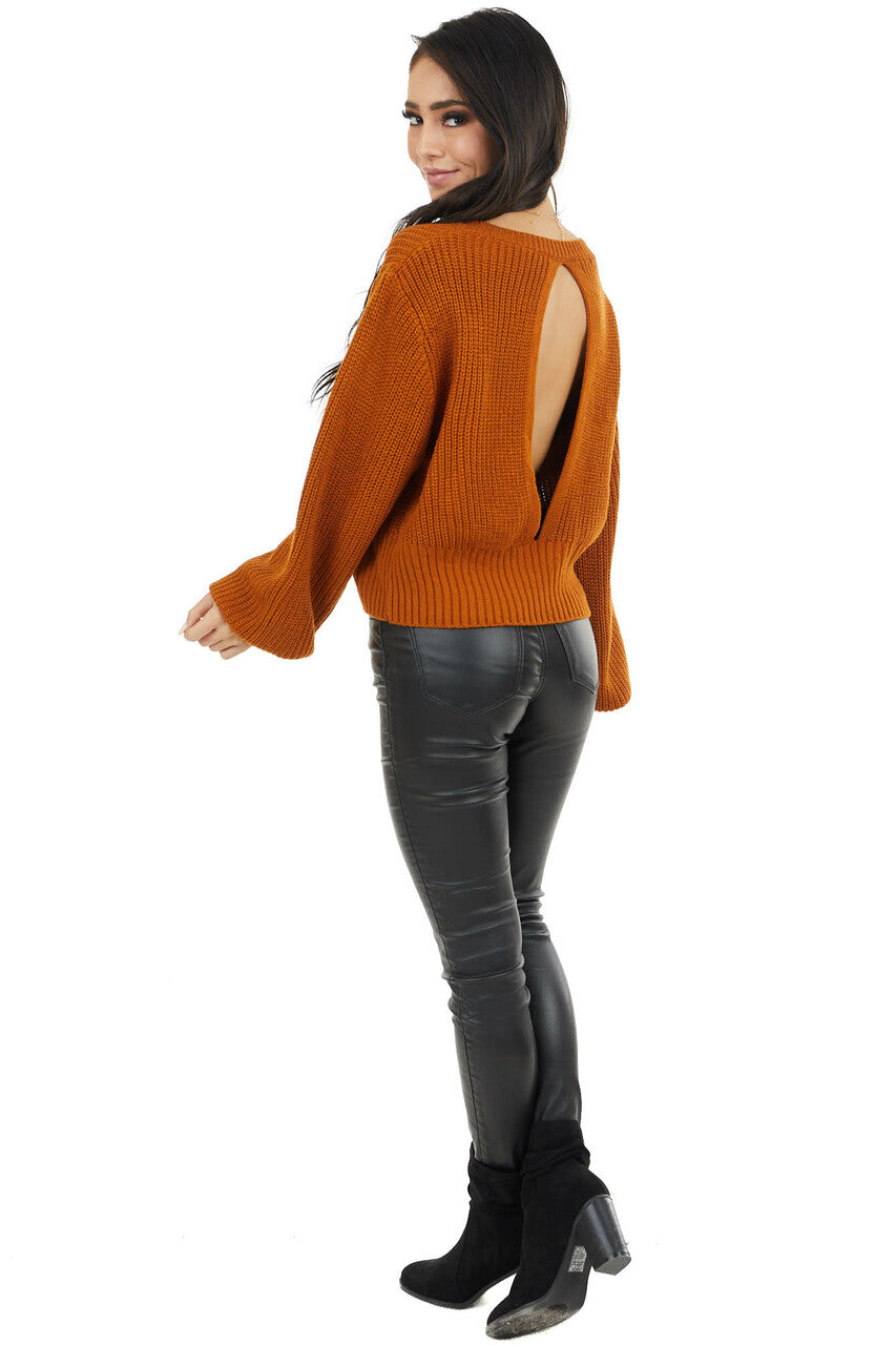 Pumpkin Spice Long Bubble Sleeve Sweater with Back Cutout