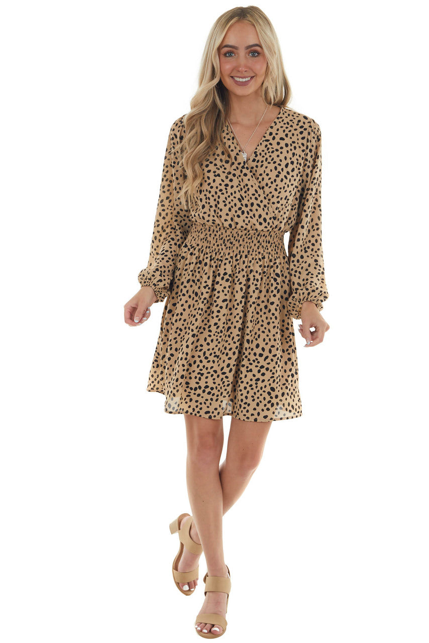 Nude Leopard Print Long Sleeve Short Dress