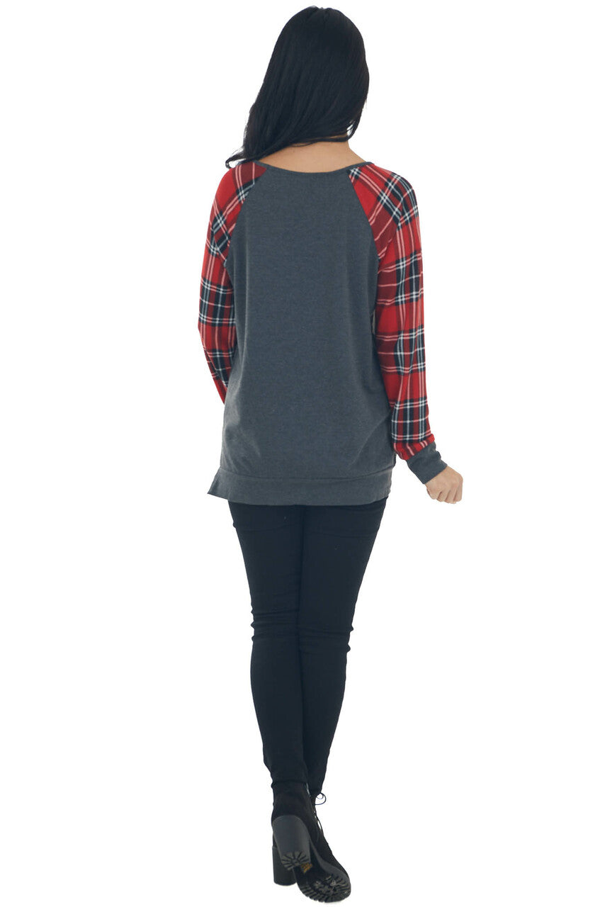 Graphite and Ruby Plaid Sequined Knit Top