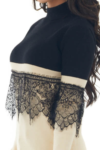 Black and Rich Beige Mock Neck Knit Sweater 