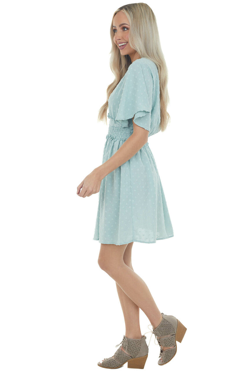 Arctic Blue Swiss Dot Smocked Waist Mini Dress