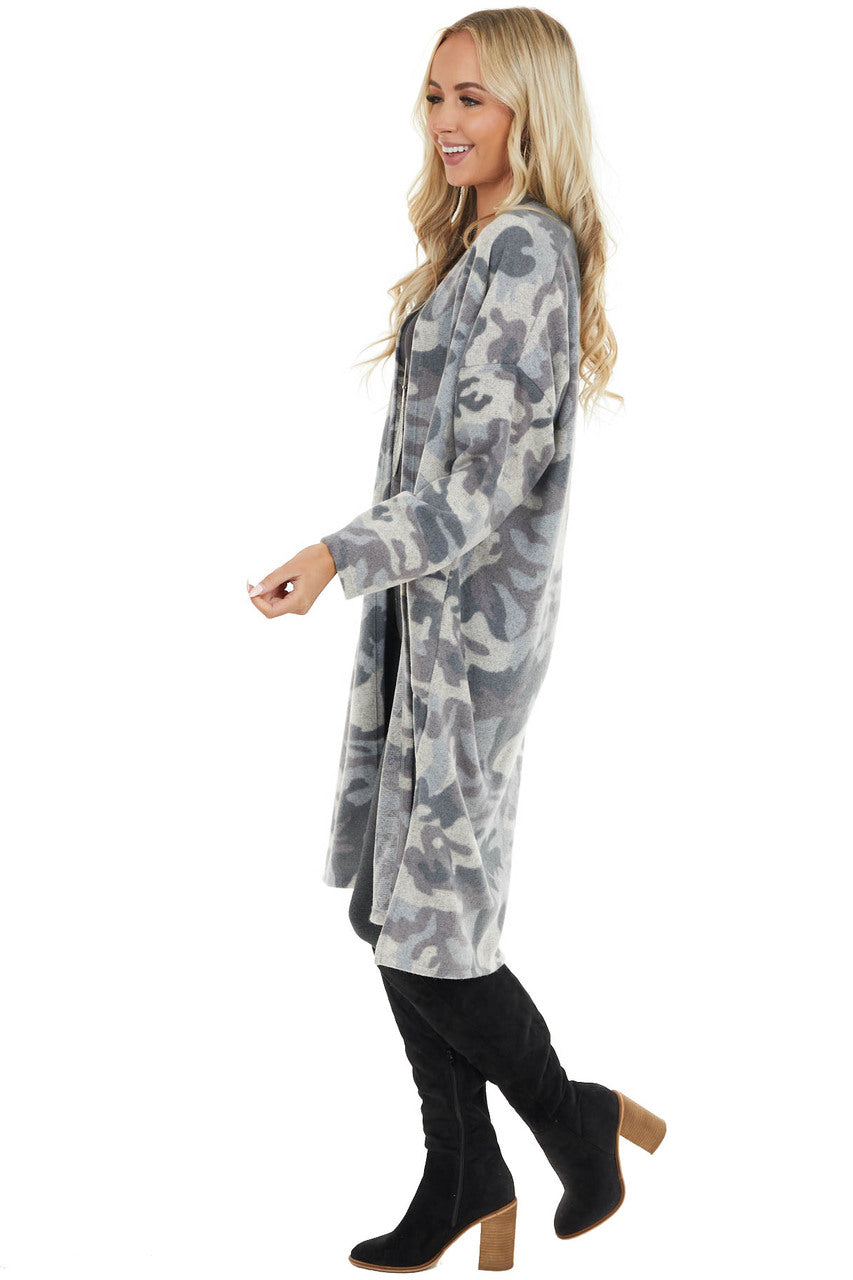 Powder Blue Camo Print Long Sleeve Cardigan with Pockets