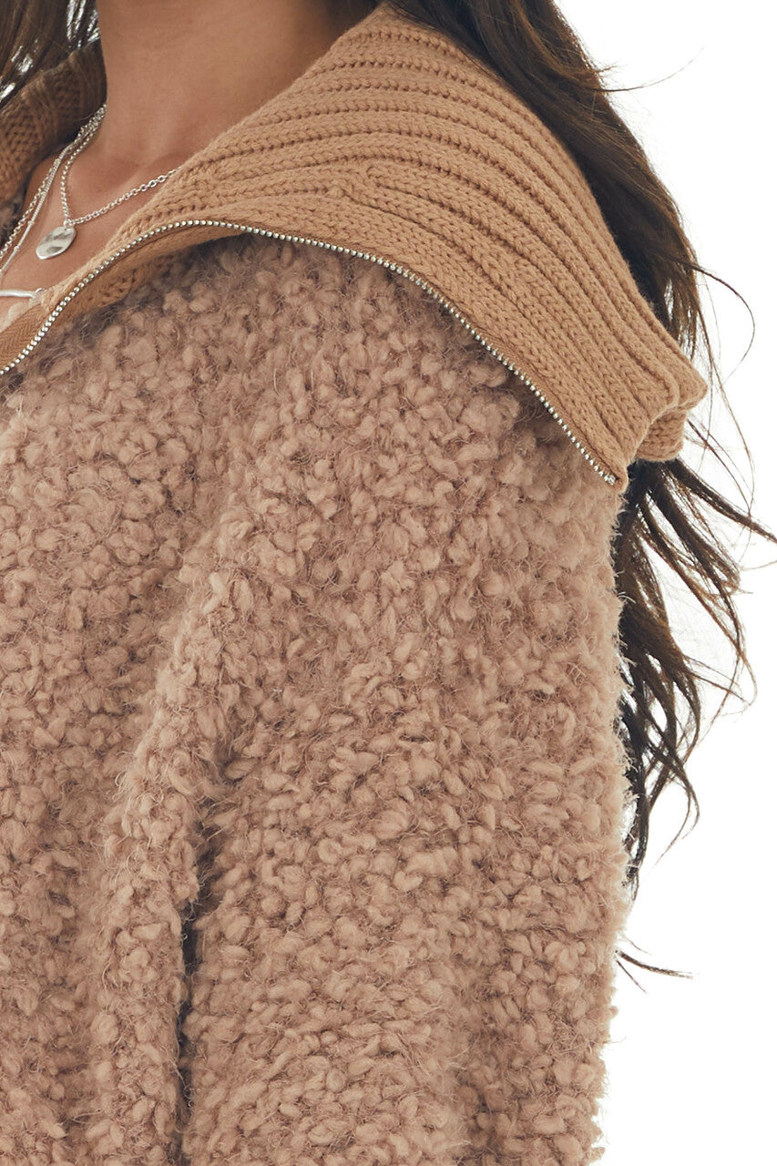 Camel Teddy Turtleneck Zip Up Sweater Jacket 