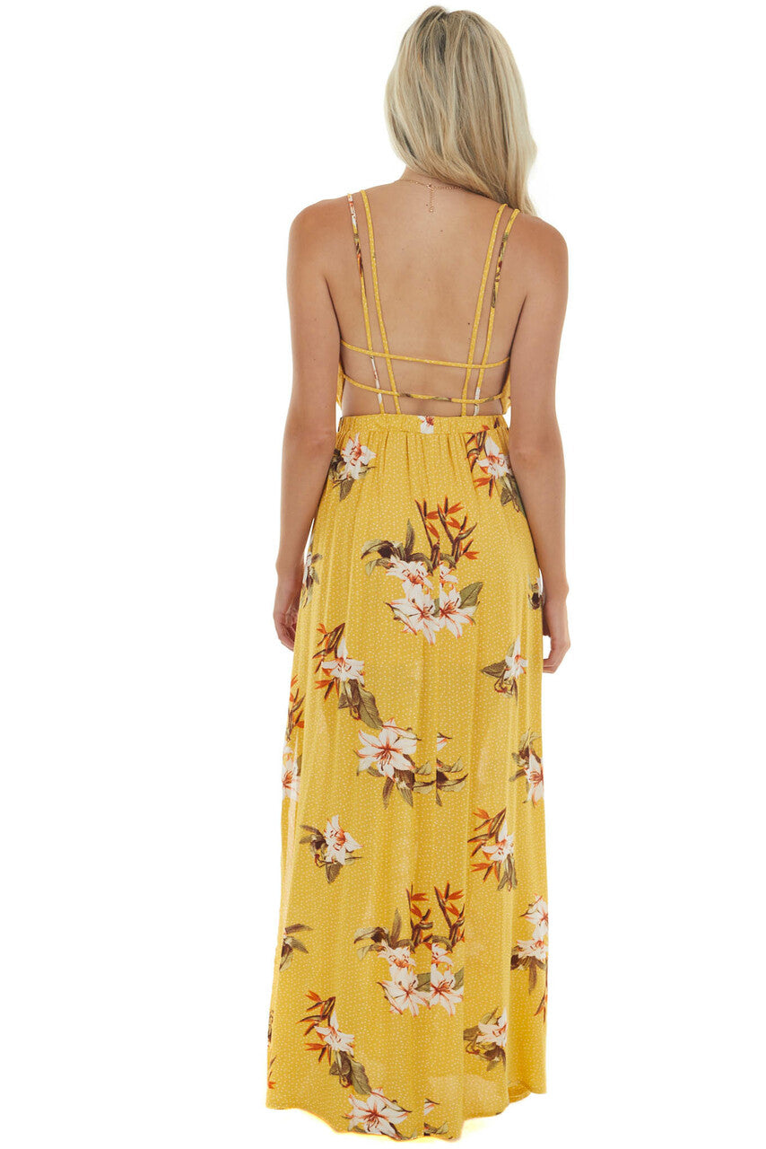 Canary Yellow Floral and Polka Dot Print Maxi Dress