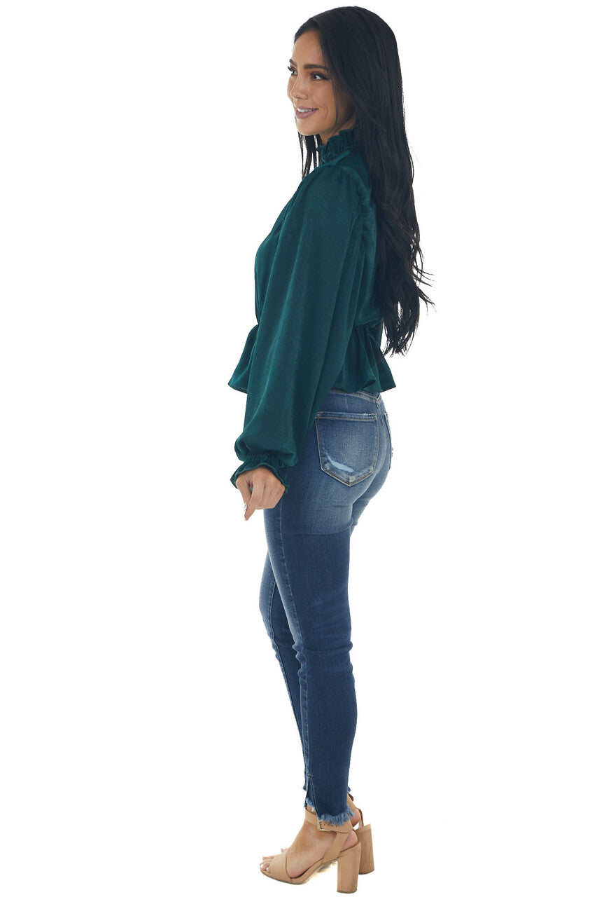 Pine Satin Mock Neck Puff Sleeve Peplum Top