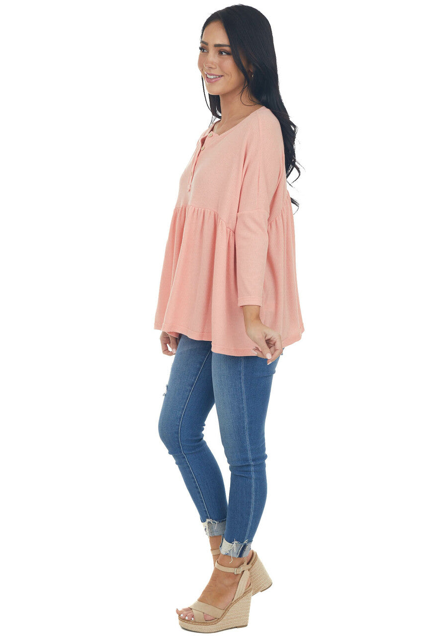 Coral Babydoll 3/4 Sleeve Oversized Henley Knit Top