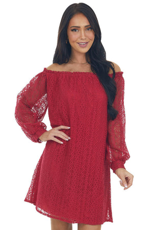 Crimson Off the Shoulder Lace Short Dress