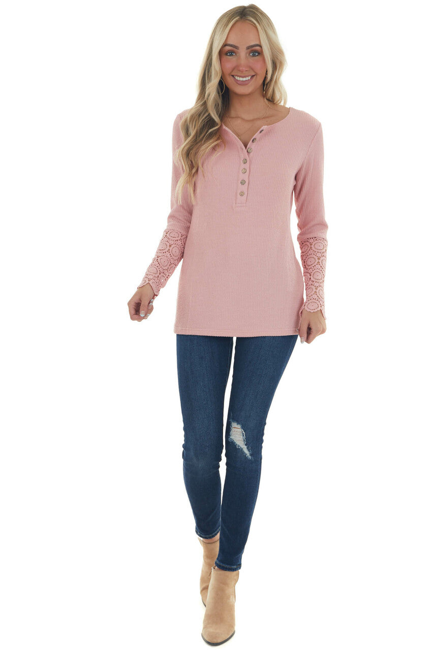 Bubblegum Long Lace Sleeve Ribbed Henley Top