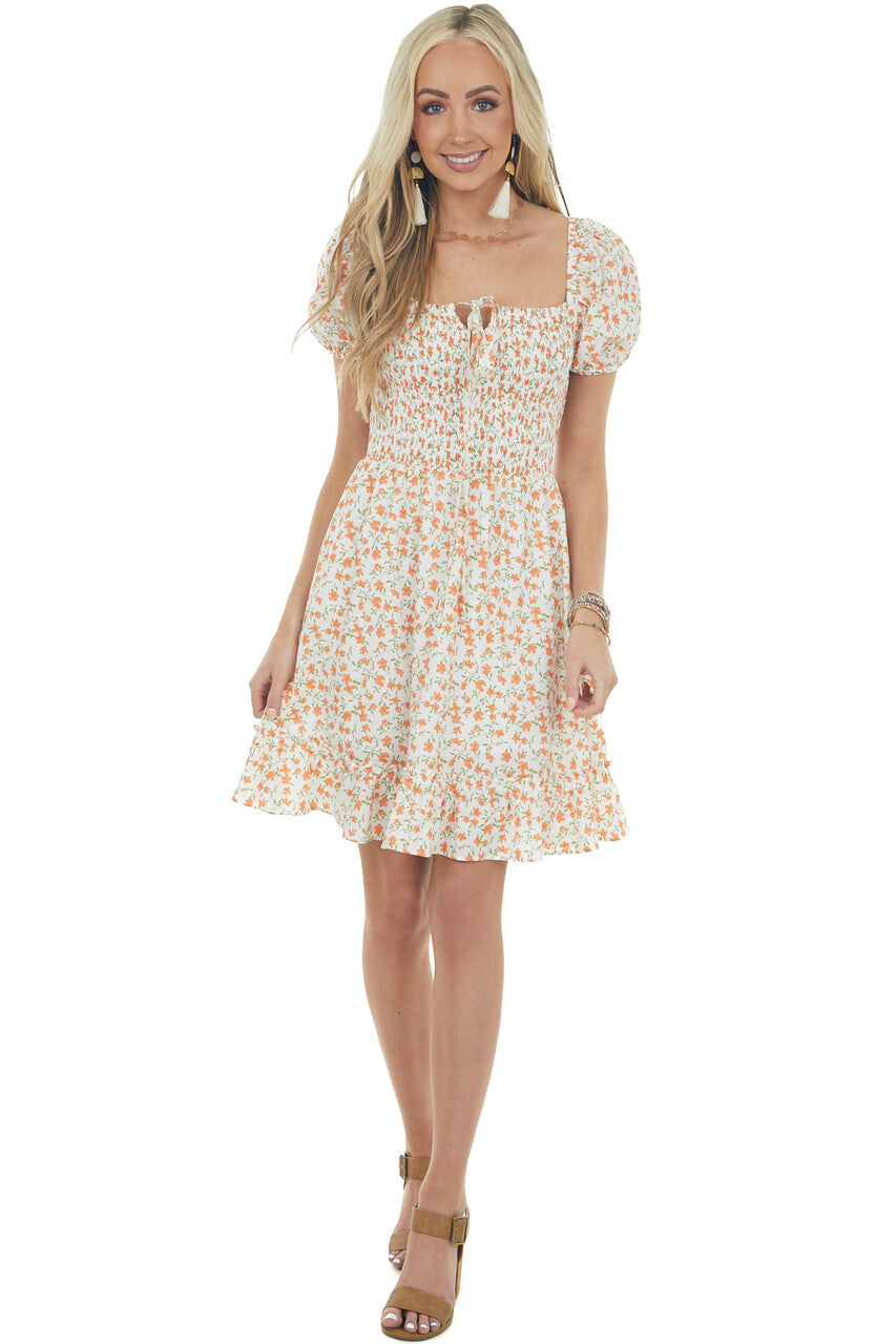 Ivory and Sunset Floral Smocked Short Dress
