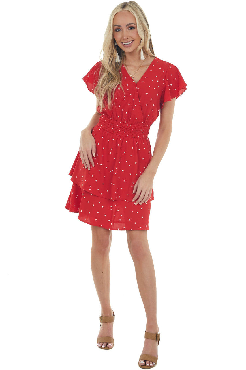 Lipstick Red Heart Print Surplice Short Dress 