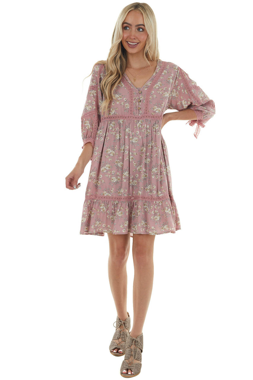 Dusty Rose Floral Print Babydoll Short Dress