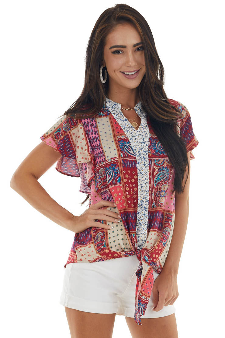 Maroon Printed Top with Front Tie Detail