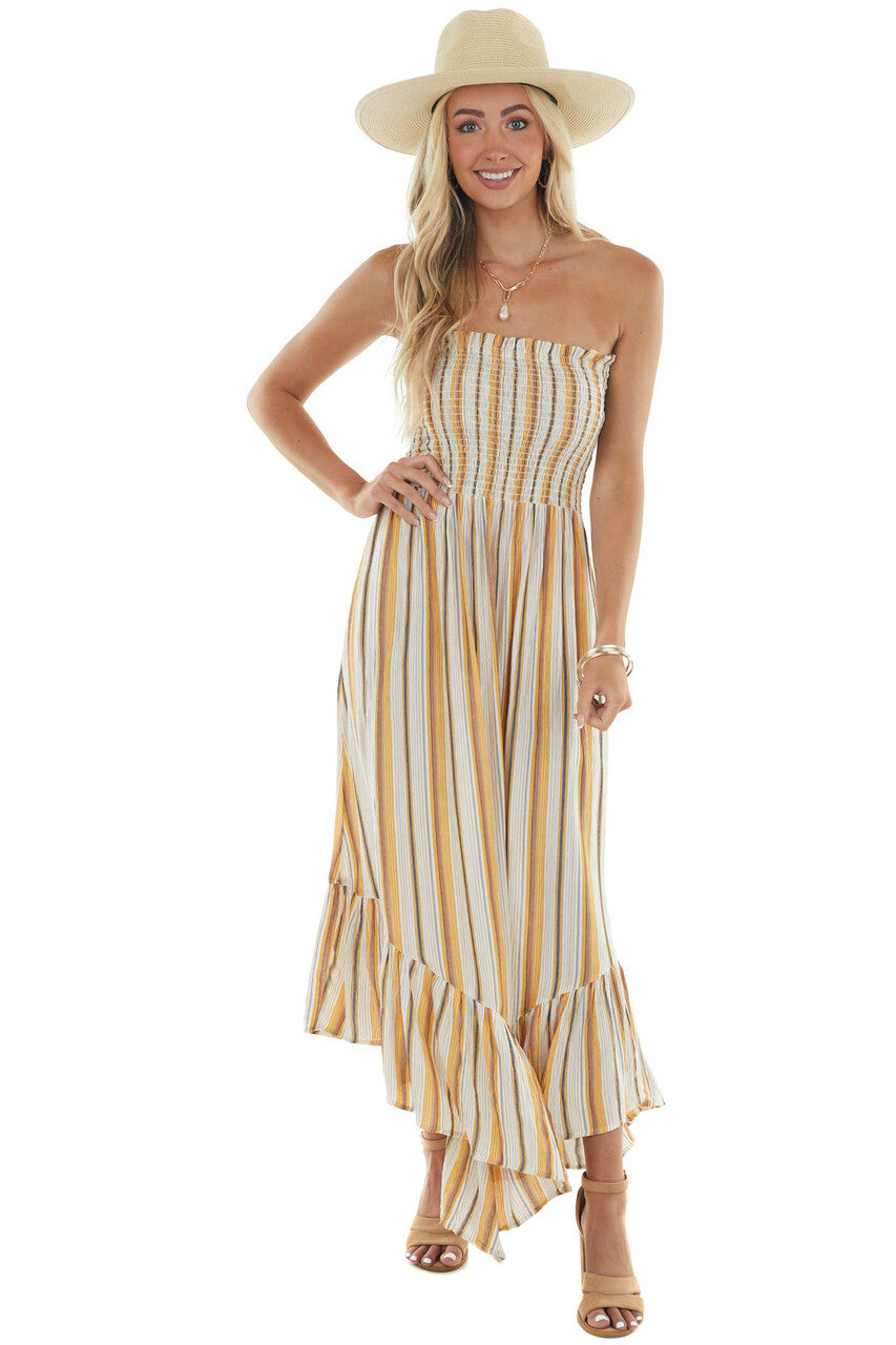 Amber Striped Print Strapless Midi Dress