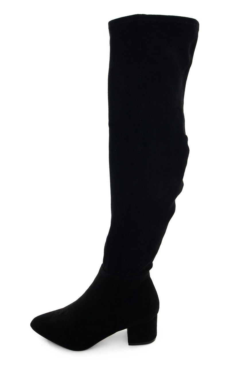 Black Faux Suede Knee High Chunky Heel Boots