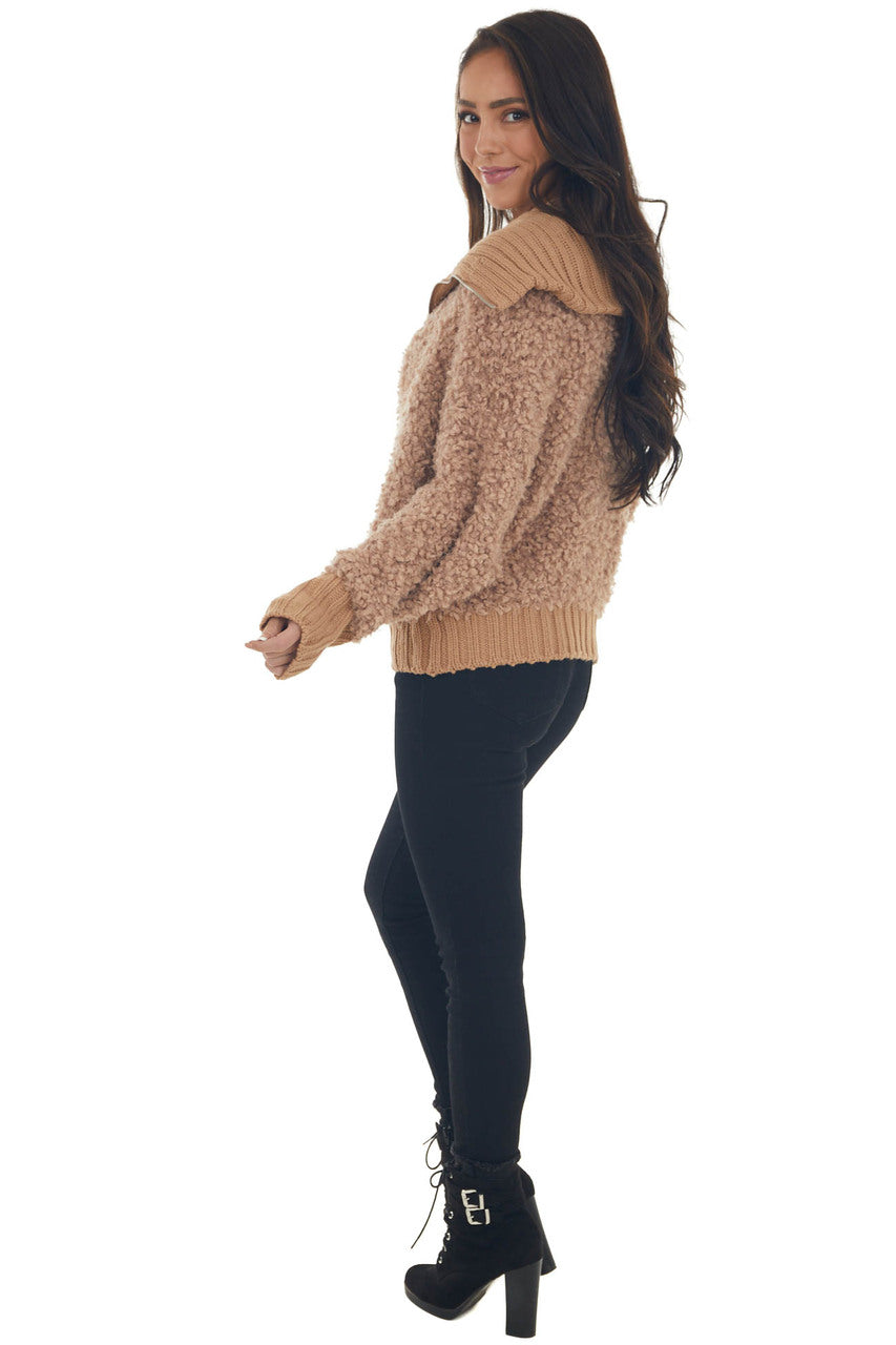 Camel Teddy Turtleneck Zip Up Sweater Jacket 
