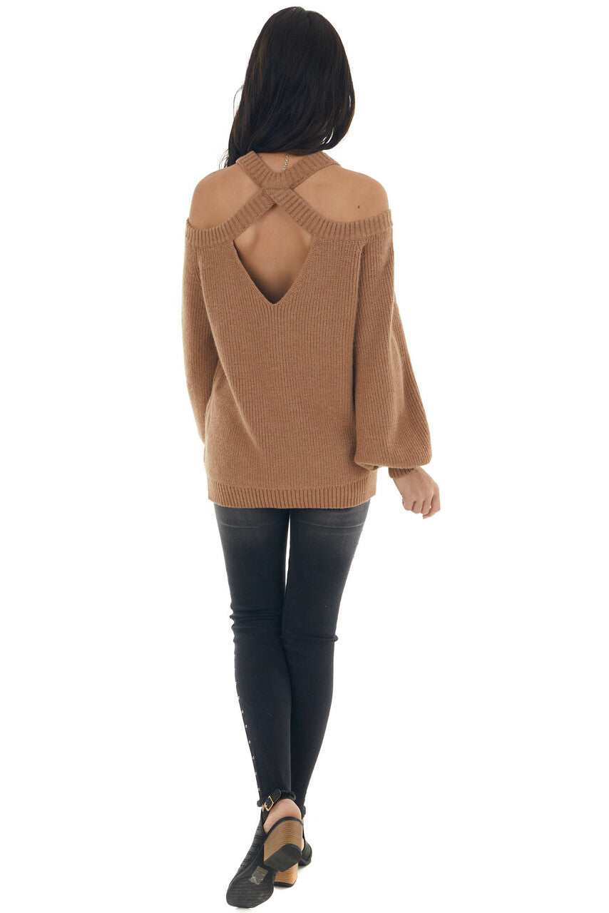 Brown Sugar Cold Shoulder Puff Sleeve Sweater