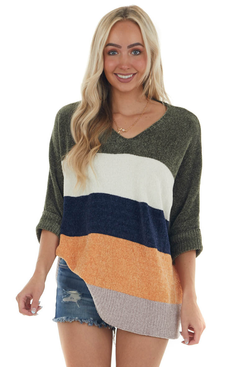 Olive Multicolor Striped Chenille Sweater