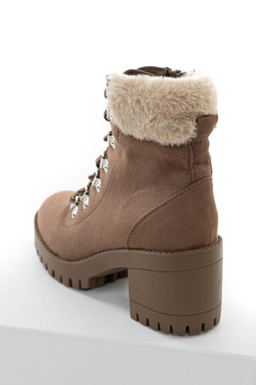 Taupe Faux Suede Lace Up Heeled Lug Booties