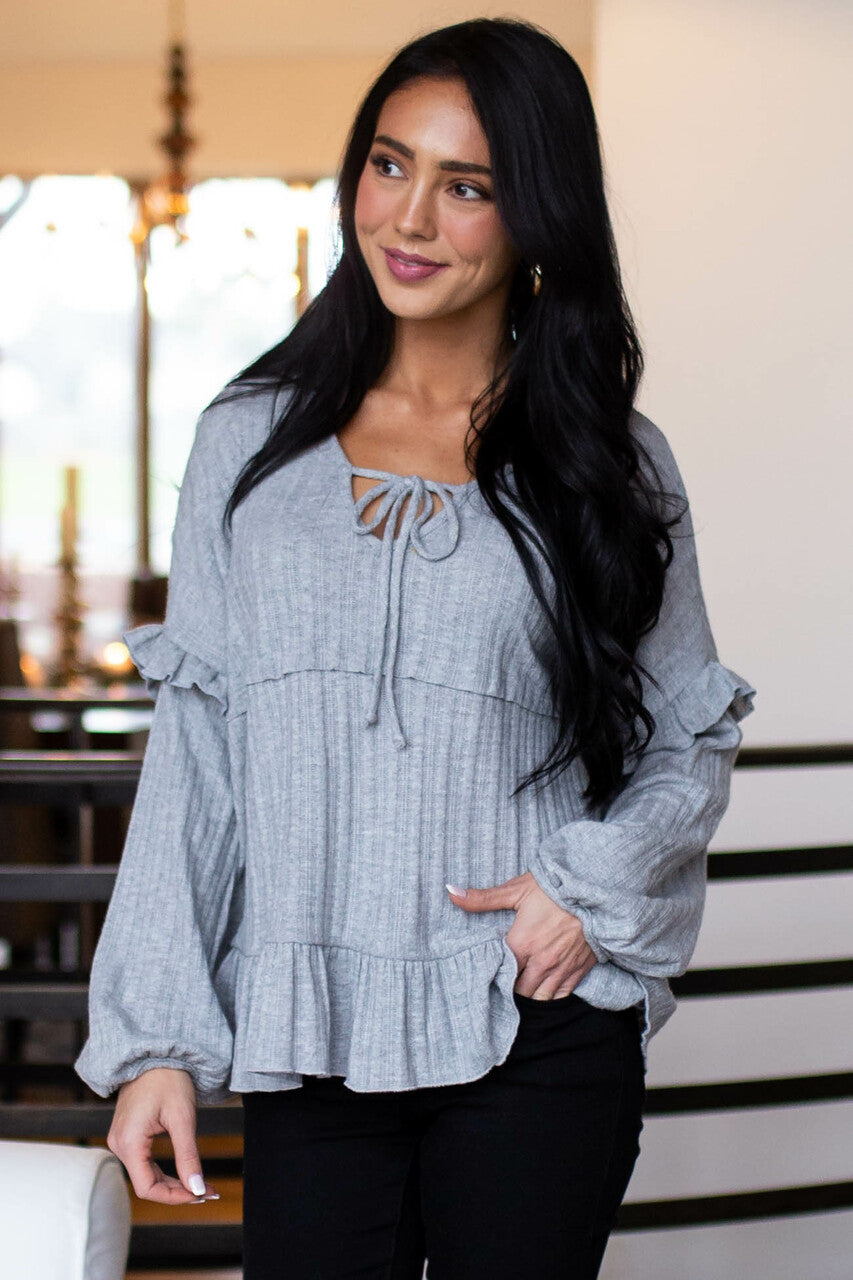 Dove Grey Ribbed Knit Long Sleeve Ruffle Top with Front Tie