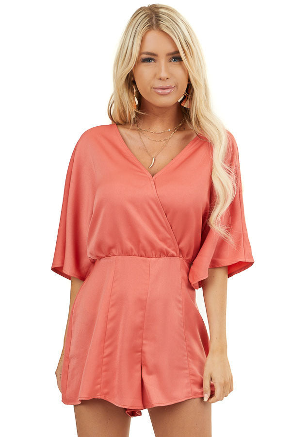 Brick Red Short Sleeve Woven Surplice Romper 