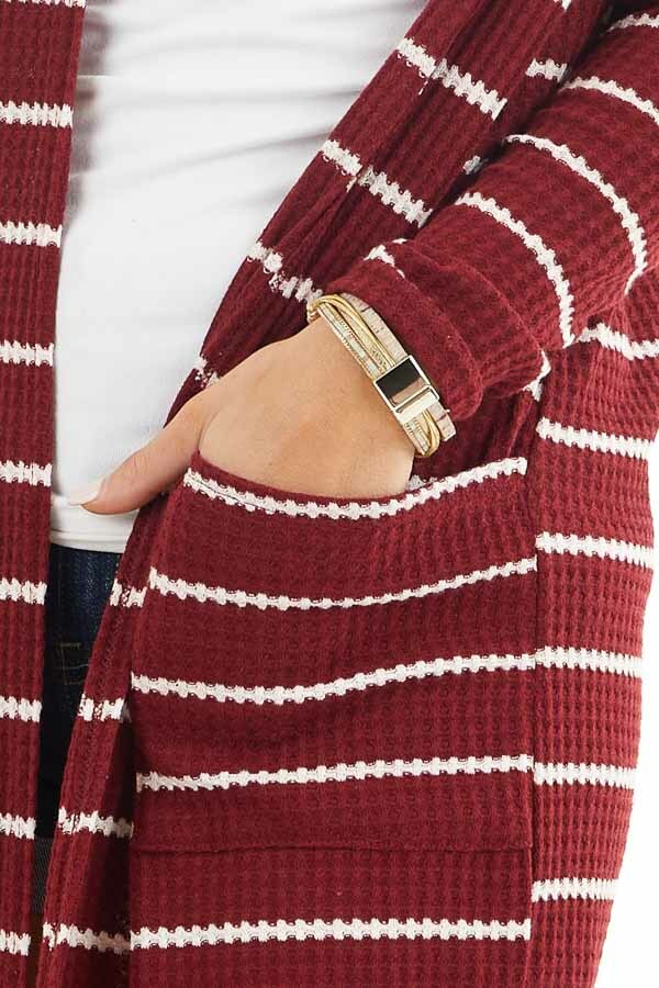 Maroon and Ivory Striped Waffle Knit Cardigan with Pockets detail
