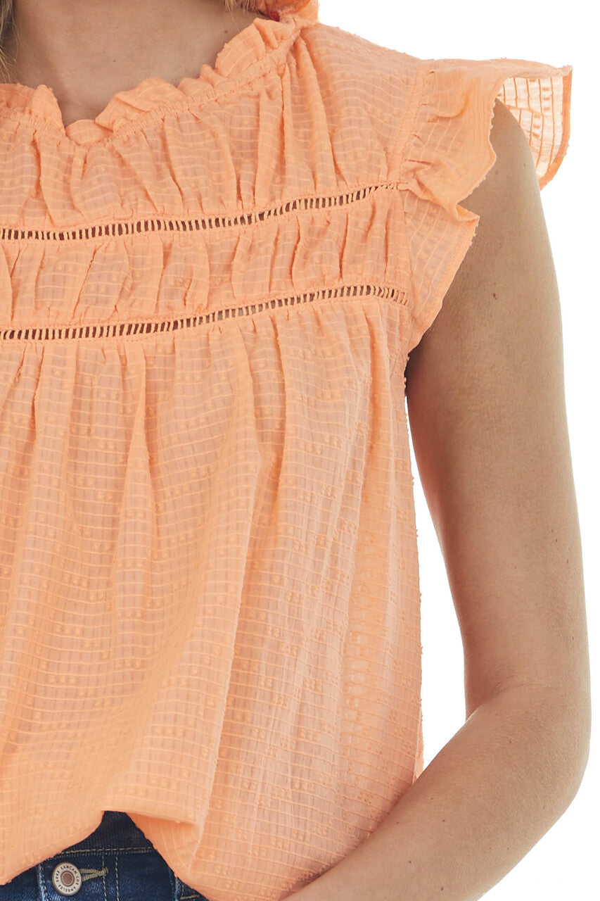 Bright Melon Cap Sleeve Blouse with Lace Yoke