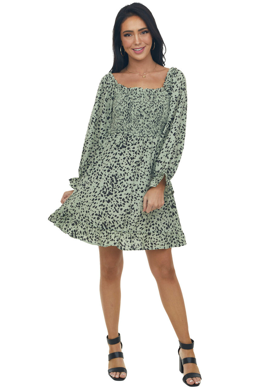 Sage Cheetah Smocked Off Shoulder Dress 