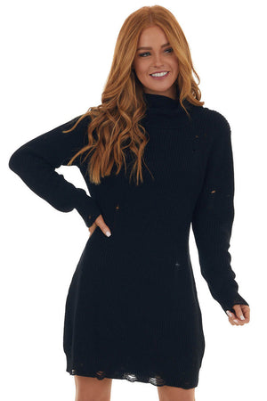 Black Distressed Turtleneck Sweater Dress 