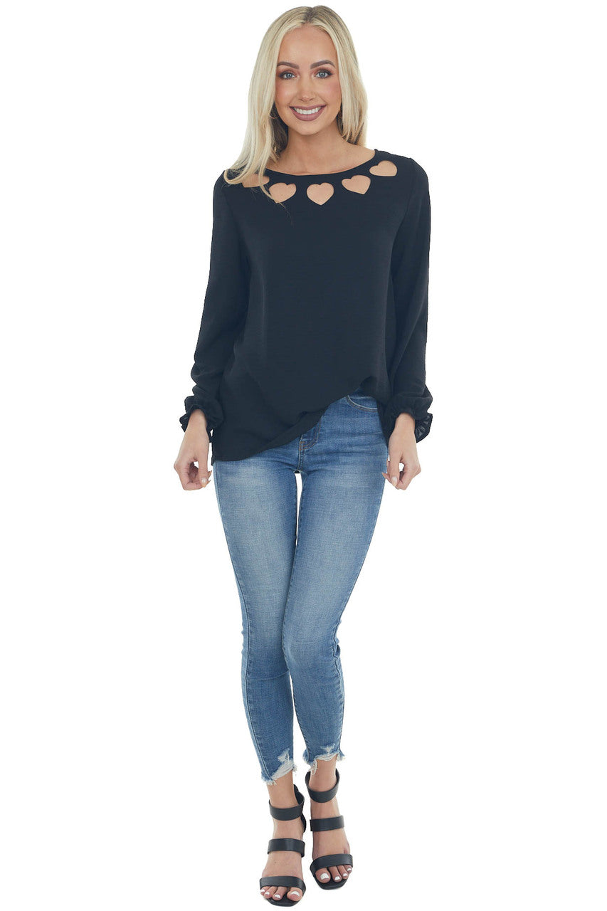 Black Heart Cut Out Long Ruffle Sleeve Top