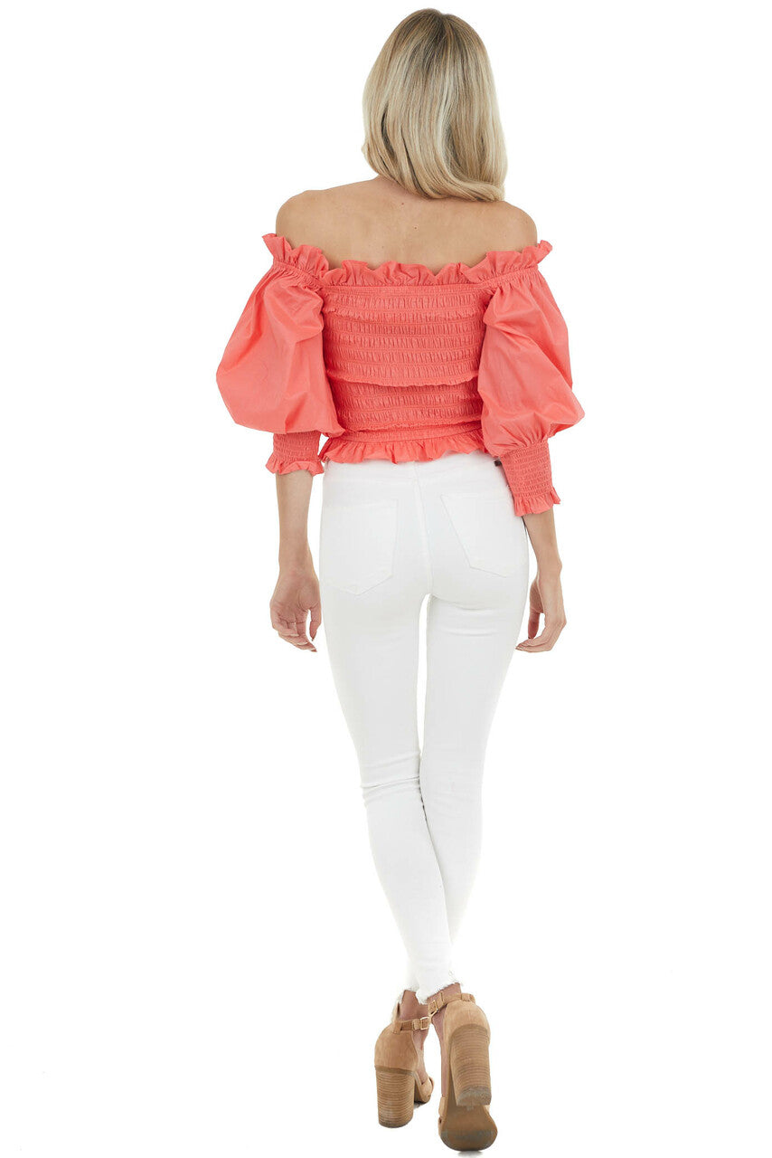 Bright Coral Smocked Off the Shoulder Top with Long Sleeves