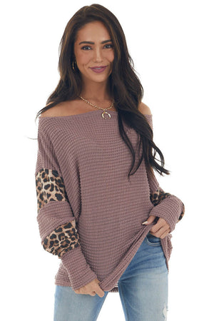 Rose Taupe and Leopard Dolman Sleeve Waffle Knit Top