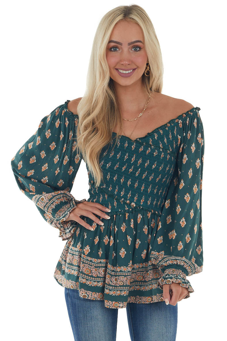 Pine Green Printed Off Shoulder Smocked Blouse