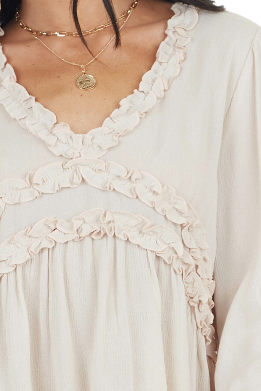 Oatmeal Long Puff Sleeve Babydoll Top with Ruffle Detail