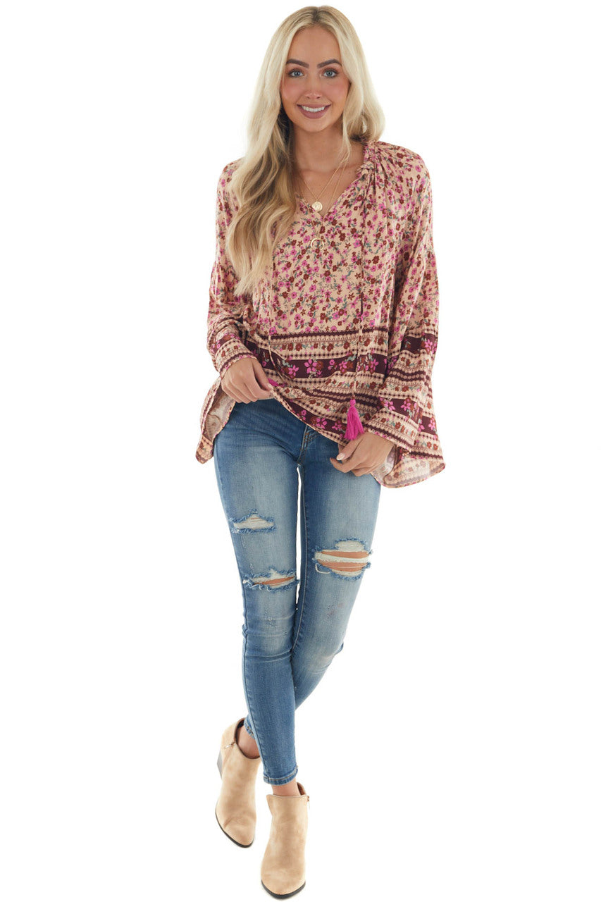 Beige Printed Bell Sleeve Top with Tassel Tie