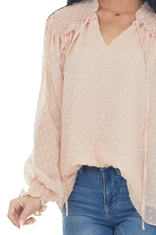 Peach Swiss Dot Smocked Peasant Style Blouse