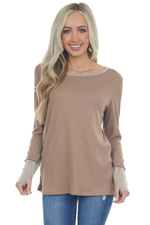Latte and Oatmeal Contrast Thermal Knit Top