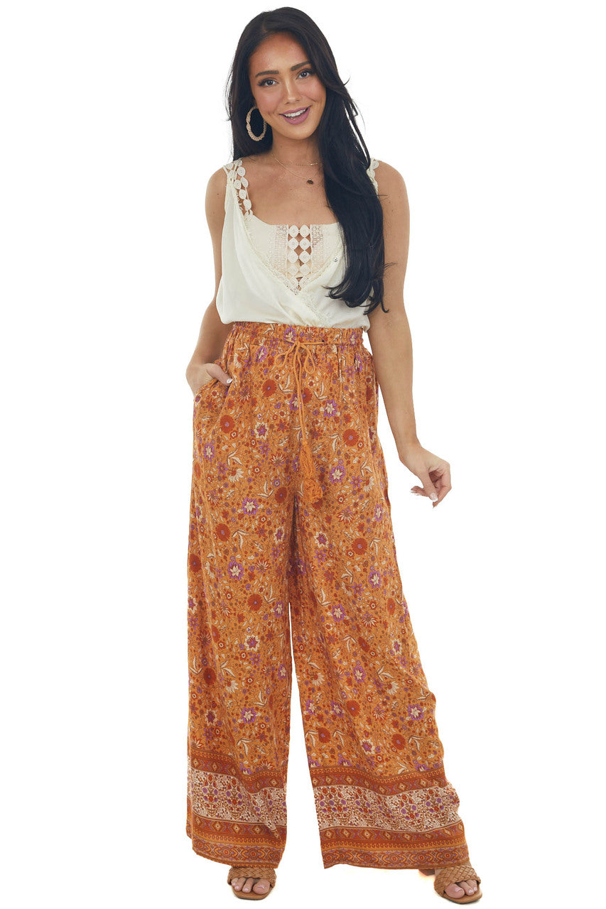 Tawny Floral Wide Leg Pants with Tassel Tie 