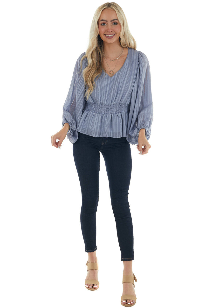 Slate Blue Striped Jacquard Smocked Blouse