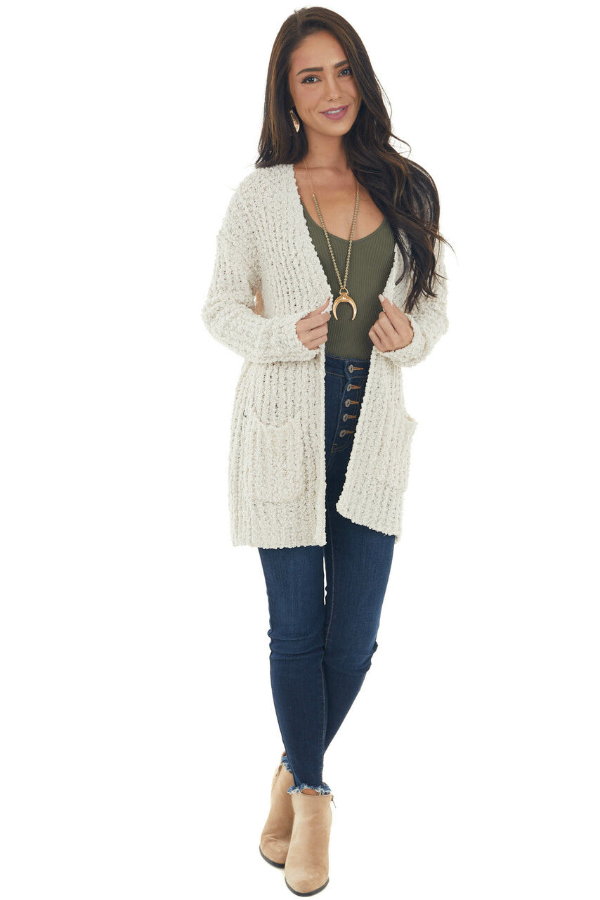 Ivory Long Sleeve Popcorn Knit Cardigan 