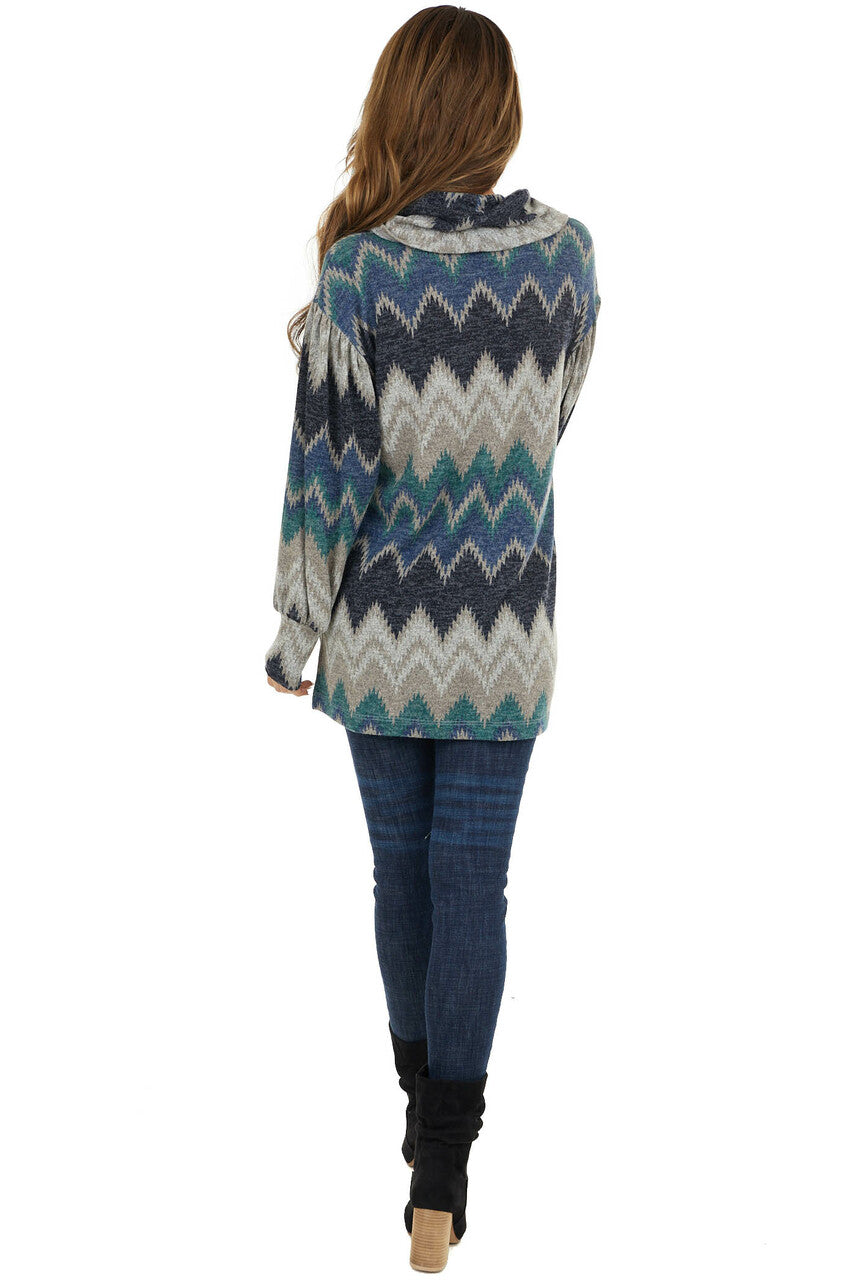 Navy Multicolor Zigzag Print Knit Top with Cowl Neck