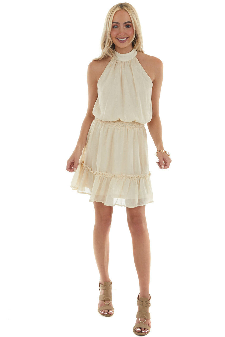 Desert Sand Halter Blouson Silver Thread Dress