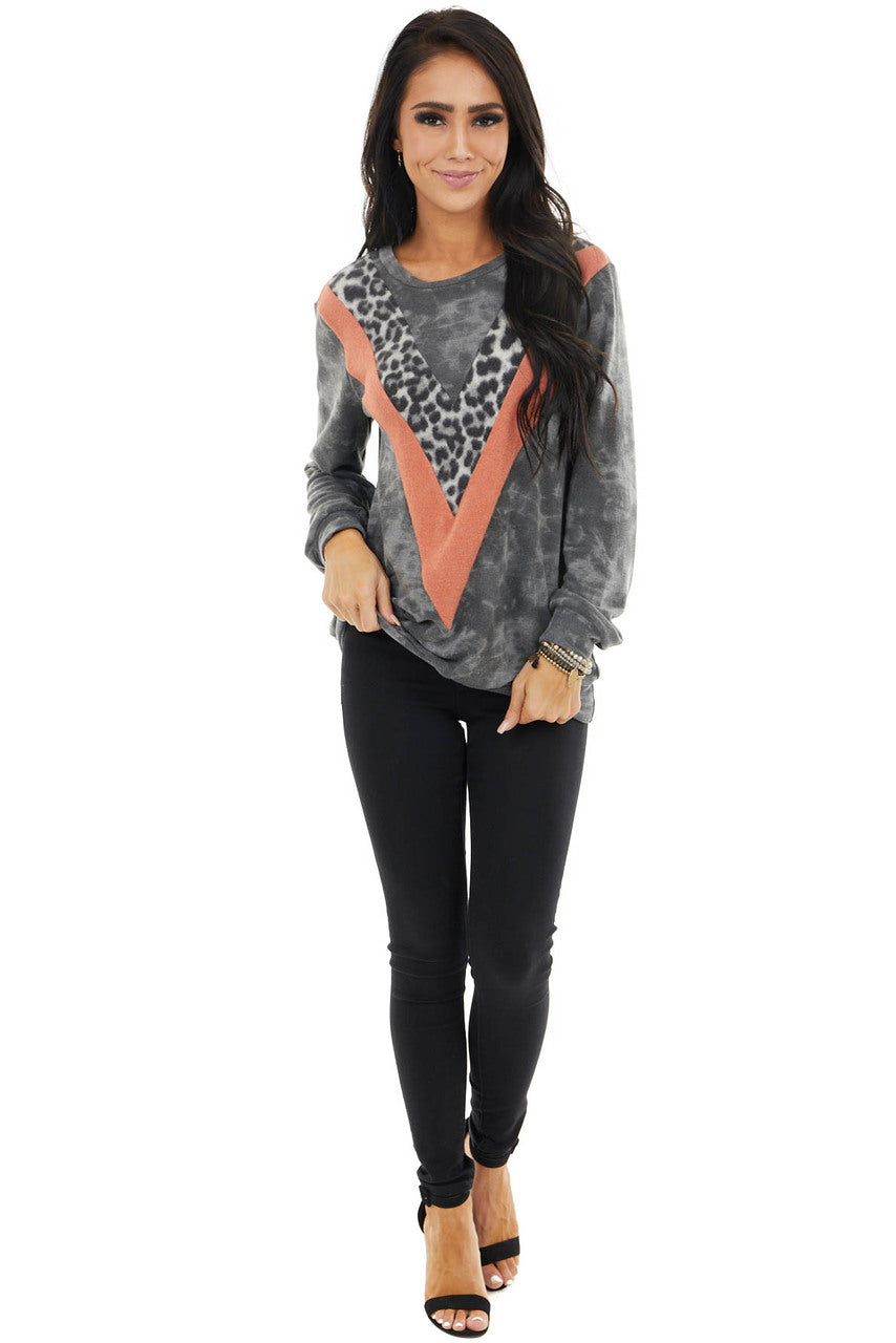 Charcoal and Tangerine Knit Top with Leopard Print Detail 