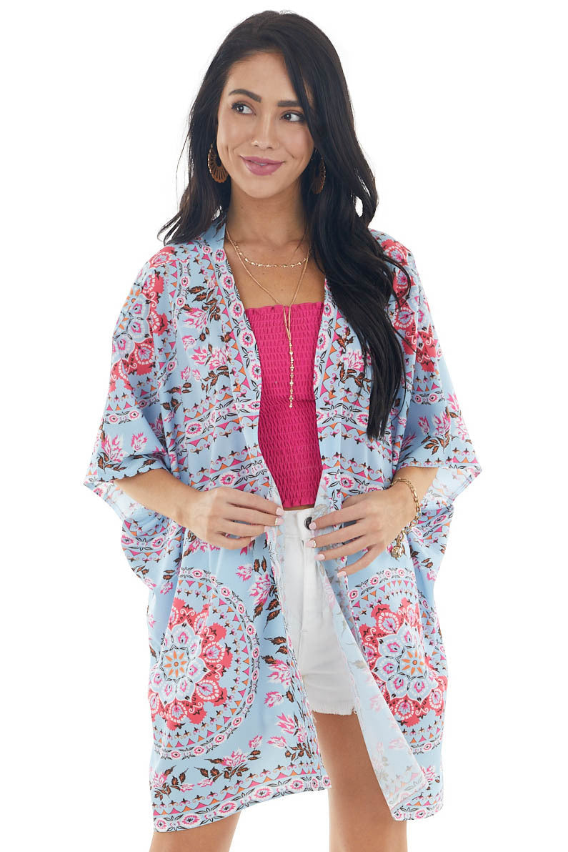 Sky Blue and Deep Coral Abstract Floral Print Woven Kimono